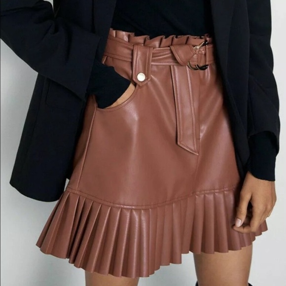 ZARA pleated faux leather mini skirt with belt Pink Size XS - Picture 8 of 16